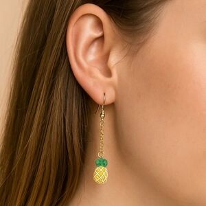 Hand Crafted Pineapple Dangle Earrings in Yellow and Green -Hypoallergenic